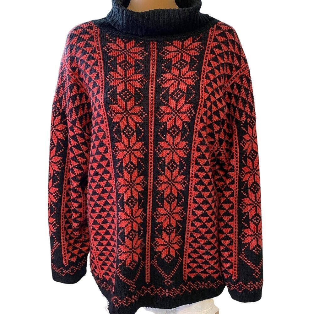 VTG 90s Michel Women S-L Fair Isle Agyle Knit Sweater Pullover RedBlack Holiday